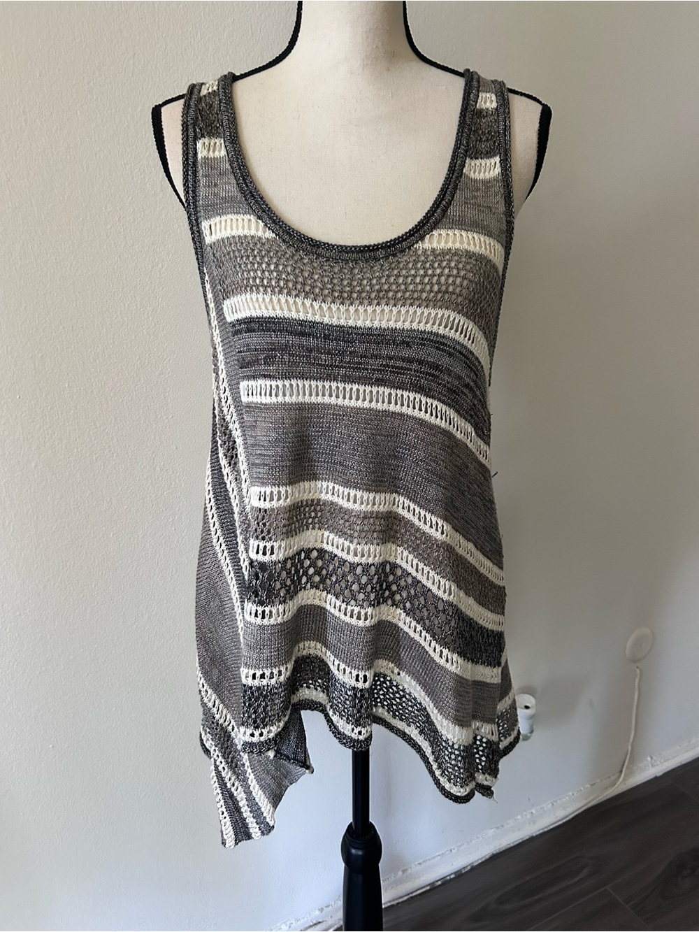 Free People Gray and White Striped Asymmetrical Crochet Tank Medium Boho